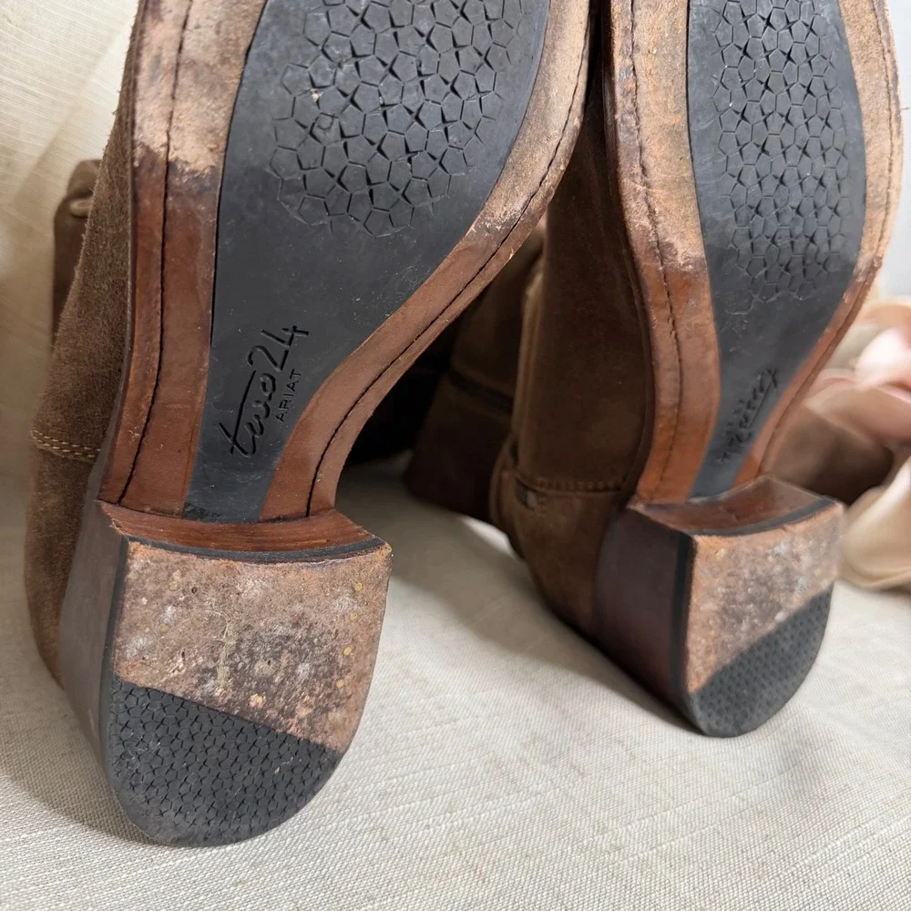 Two24 Ariat Suede Leather Tall Boots Heel Side Zip Brown Spain Women Shoe Size 8